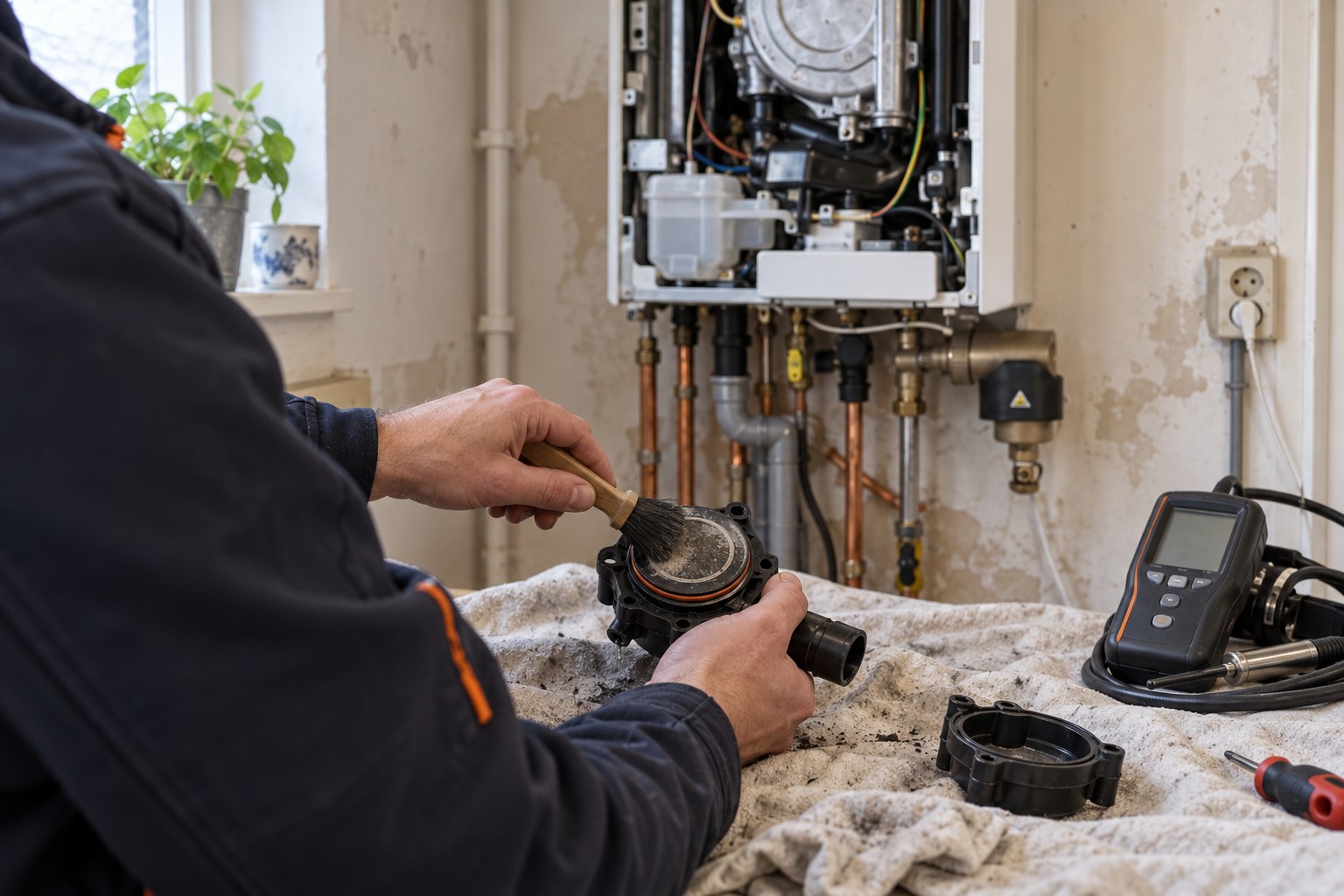 Onderhoudsbeurt aan een cv-ketel: monteur reinigt de brander en warmtewisselaar