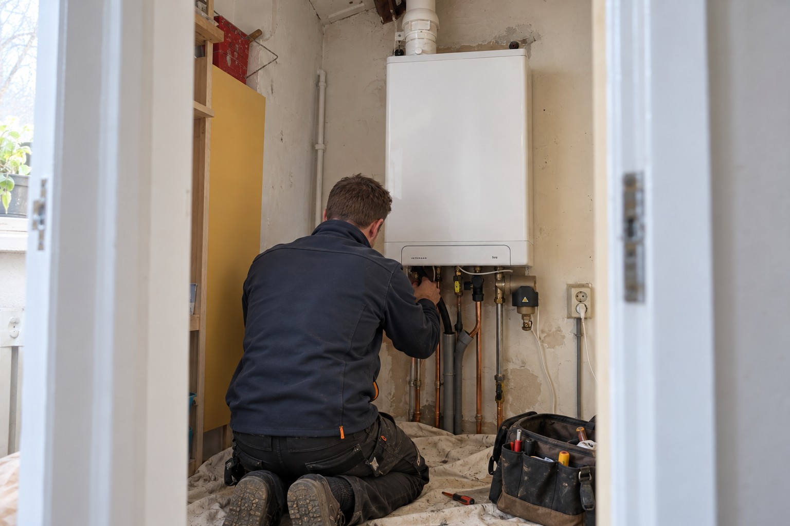 Cv-monteur voert onderhoud uit aan een moderne HR cv-ketel in een woning in Haarlem