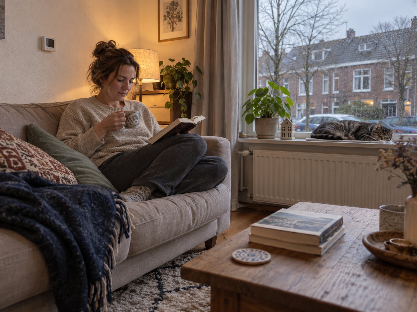 Warme woonkamer met de verwarming aan: het resultaat van een goed onderhouden cv-ketel